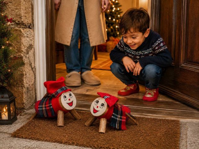 Niño descubriendo un Tió Bufó y una Tiona en la puerta de casa al comenzar la tradición del Tió de Navidad.