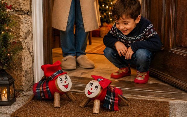 Un nen descobreix un Tió Bufó i una Tiona davant la porta de casa, iniciant la màgia de la tradició del Tió de Nadal.